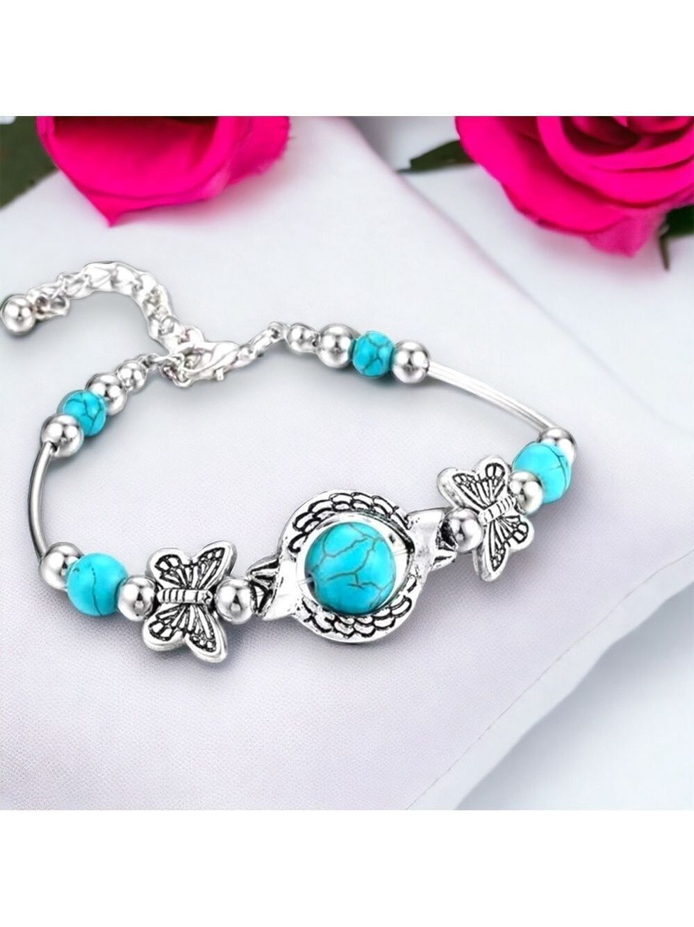 Dainty Feminine Silver Tone Faux Turquoise Butterfly Bracelet